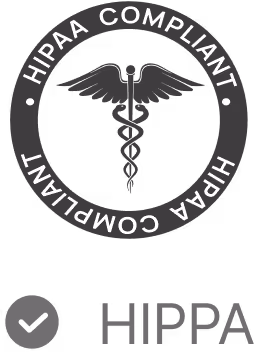 HIPAA compliant badge with medical caduceus symbol and checkmark icon.