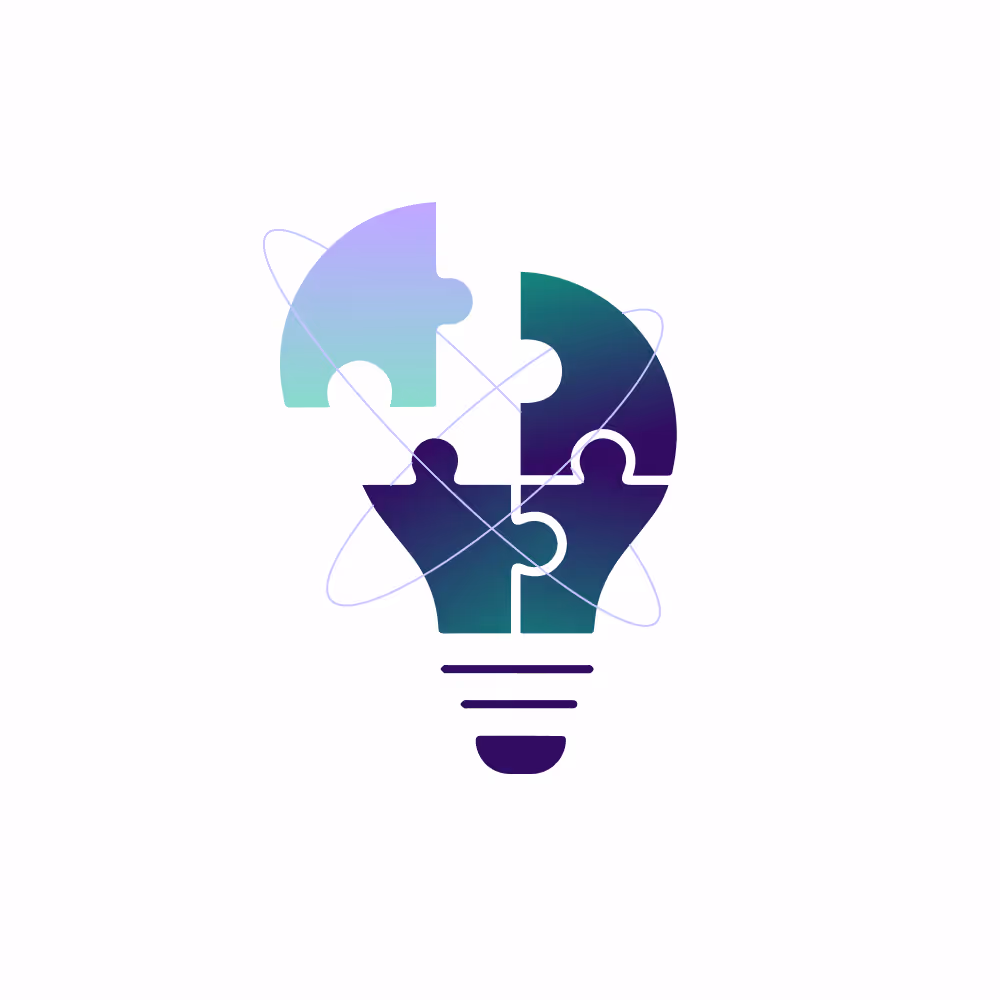 Light bulb composed of four puzzle pieces with orbiting lines symbolizing collective problem-solving.
