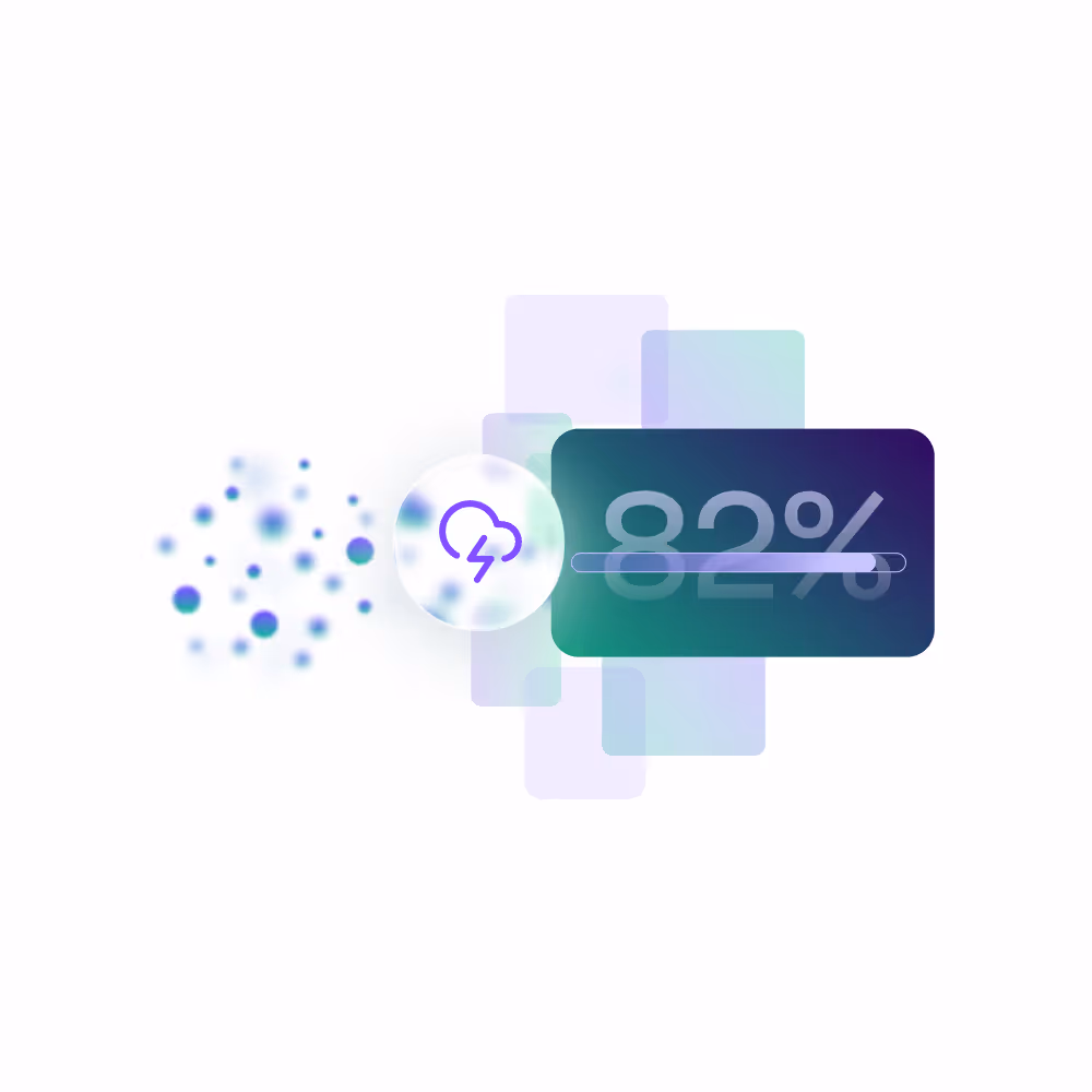 Abstract graphic with cloud and lightning icon and horizontal progress bar at 82%.