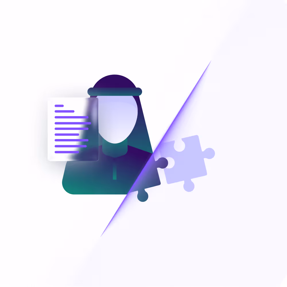 Abstract icon with a person, a document with lines, and a puzzle piece partially separated by a diagonal line.
