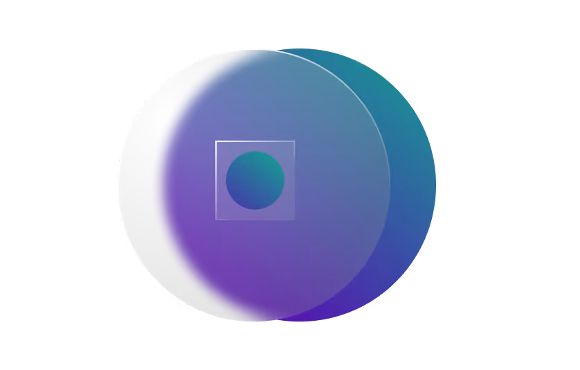 Gradient spheres overlapping on a dark background, with a small sphere inside a translucent square in the center.
