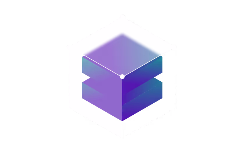 3D purple cube with a glowing white top inside a wireframe hexagon.