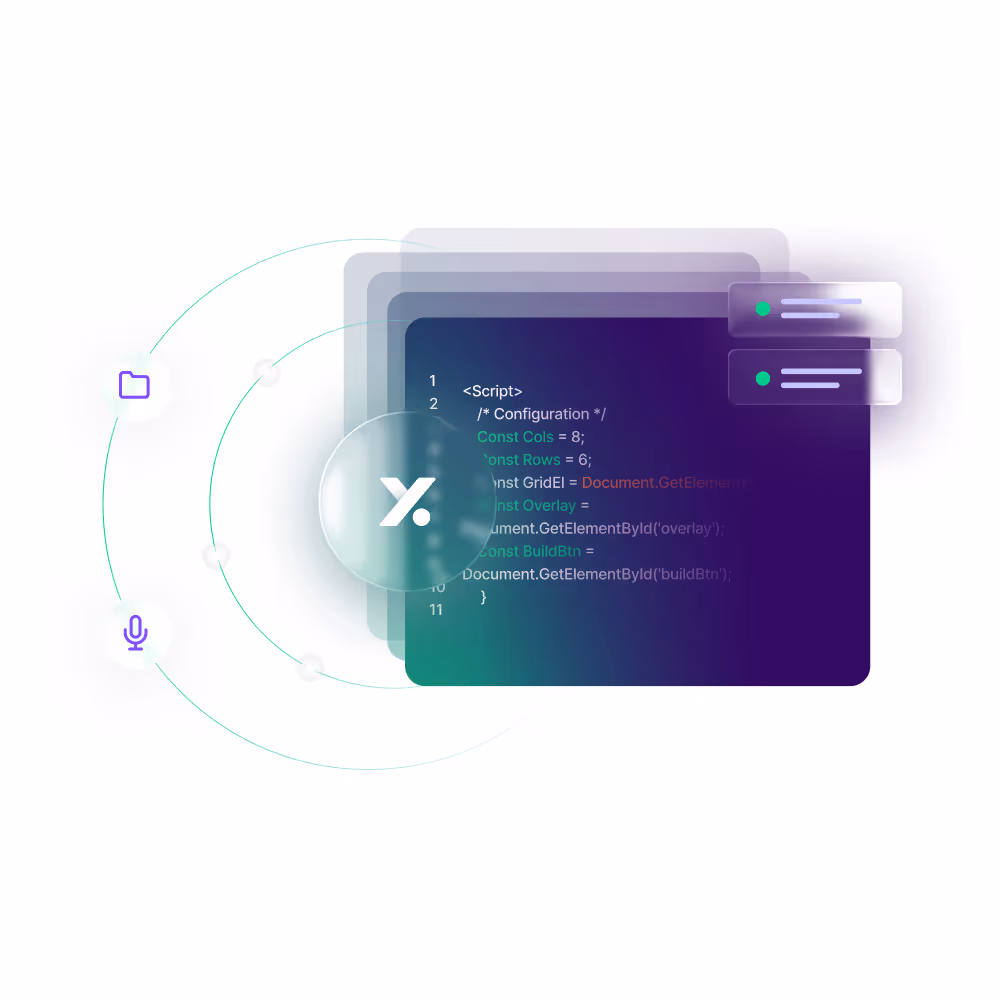 Abstract digital illustration of layered code windows with floating icons and chat bubbles.