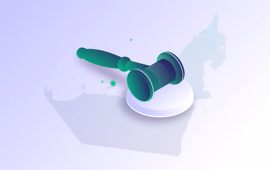 Green judge gavel resting on a white sound block with a light purple background.