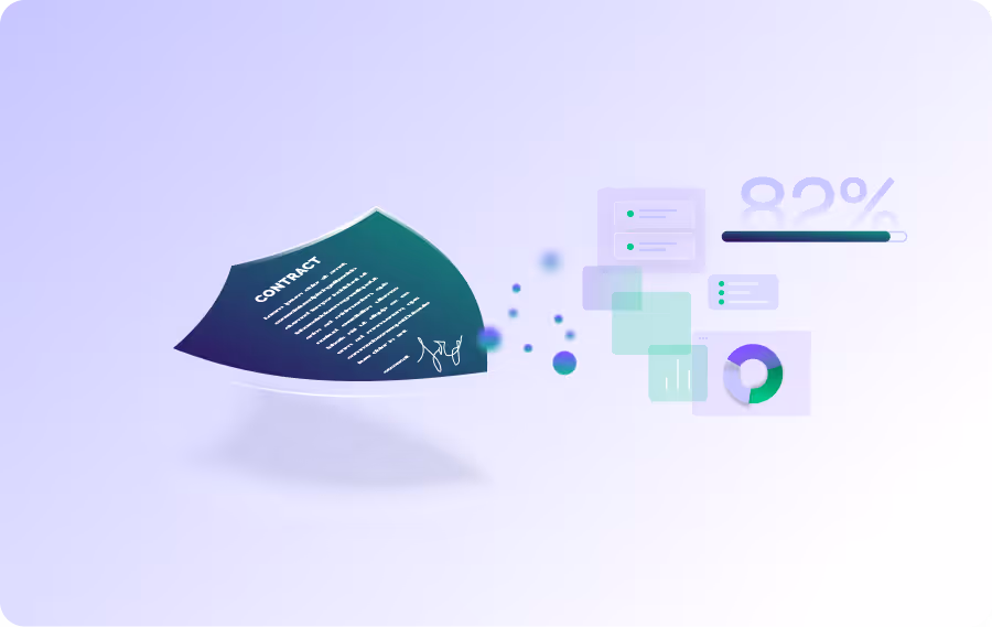 Floating digital contract page with signature and 82% progress bar and data charts on a light background.