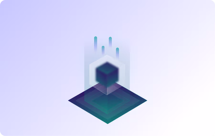 Abstract digital cube floating above layered square platform with vertical bars in light purple background.