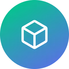 White 3D cube icon centered on a green to blue gradient circular background