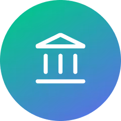 White government building icon with columns on a blue and green gradient circular background.
