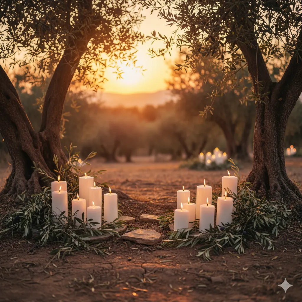 White candles in between the woods.