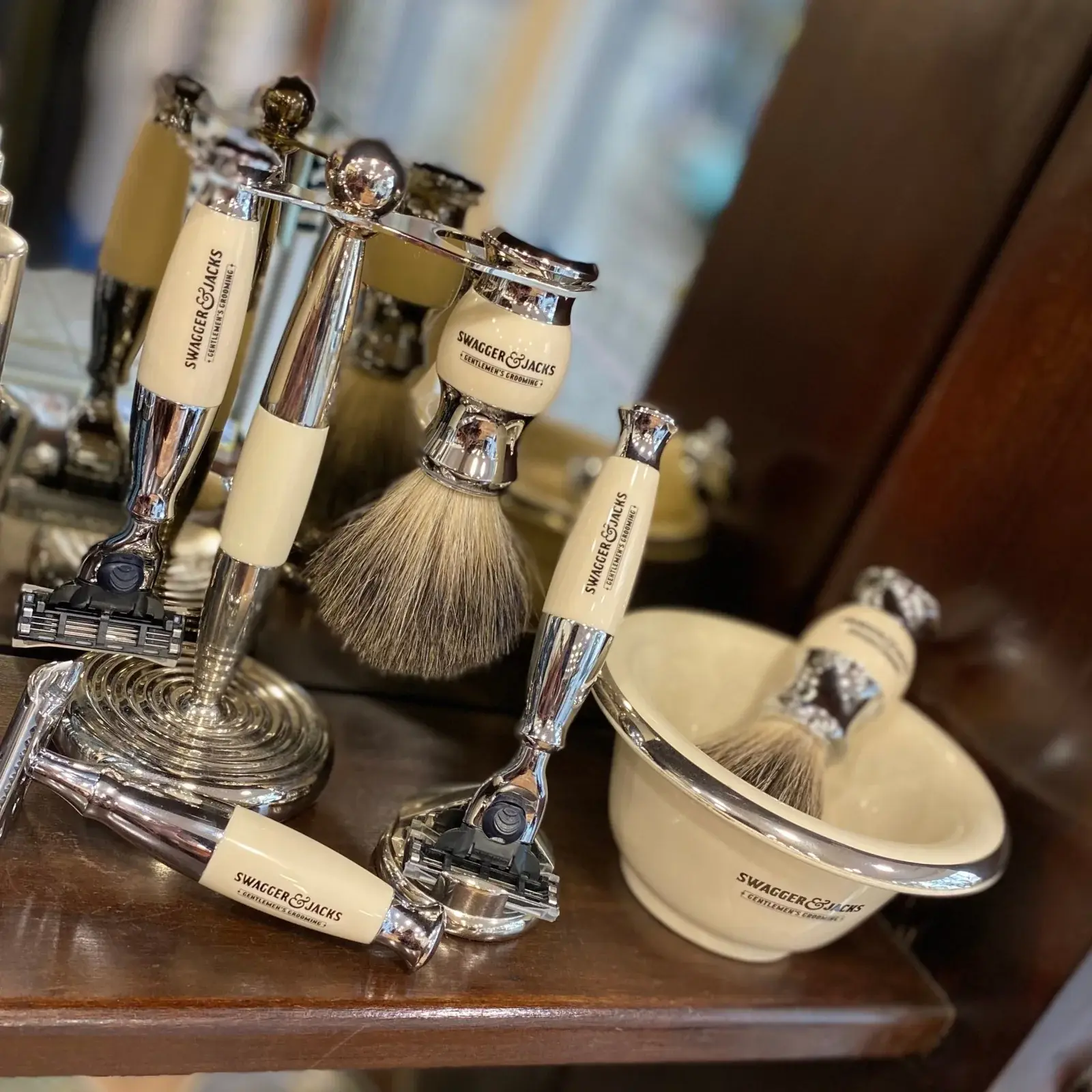 Shaving products on a table.