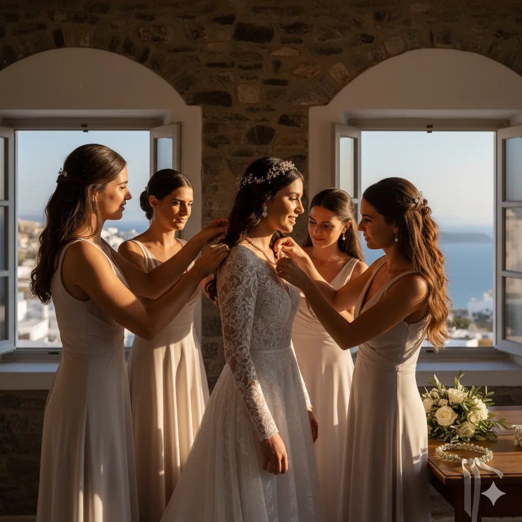A couple of friends preparing the bride.