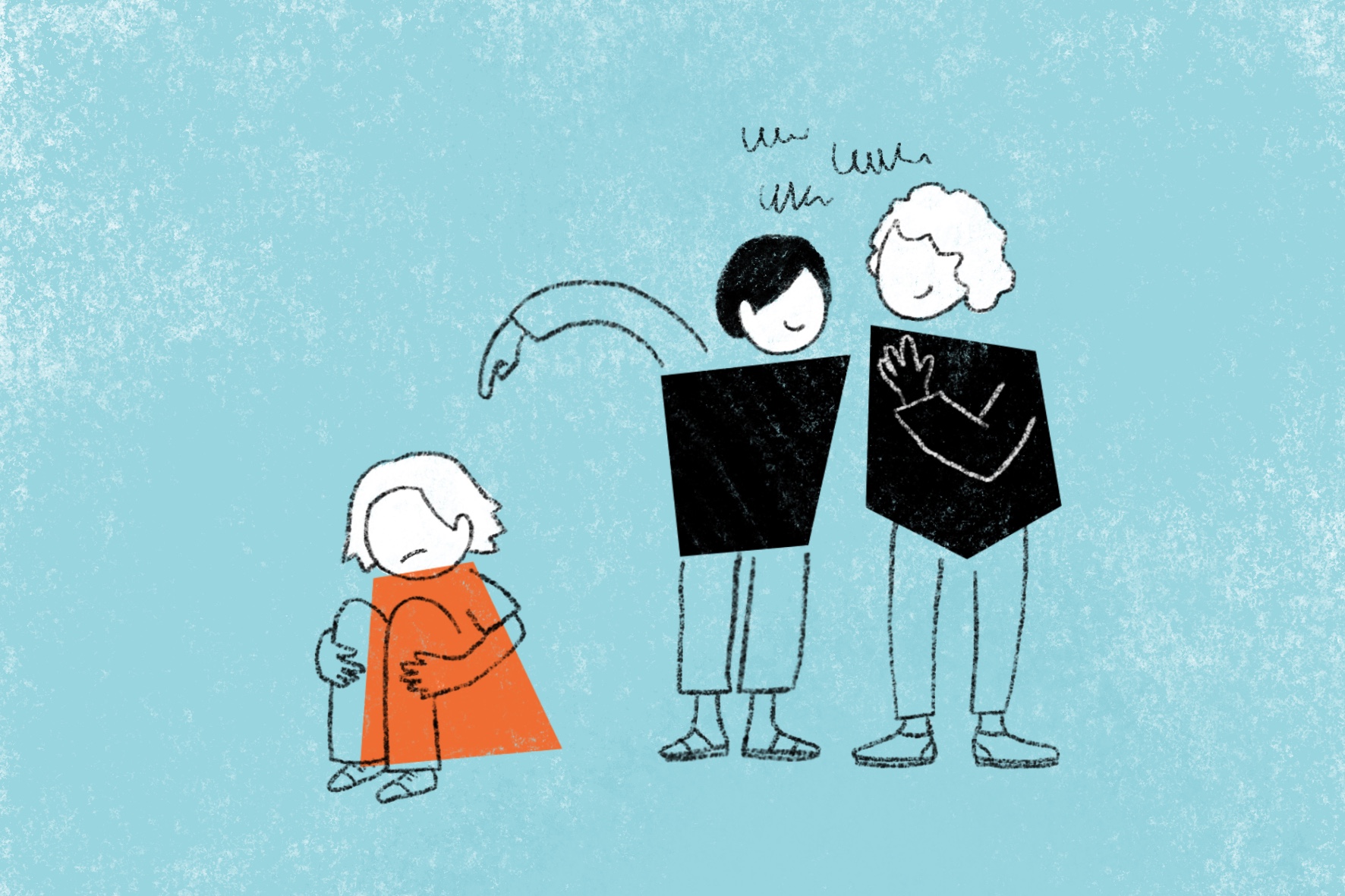 Trois personnages : l'un est recroquevillé sur lui-même, les deux autres se moquent du premier.