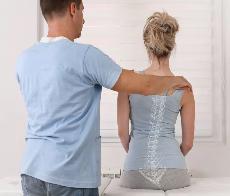 A chiropractor performs a chiropractic examination, assessing the spine of a female patient.