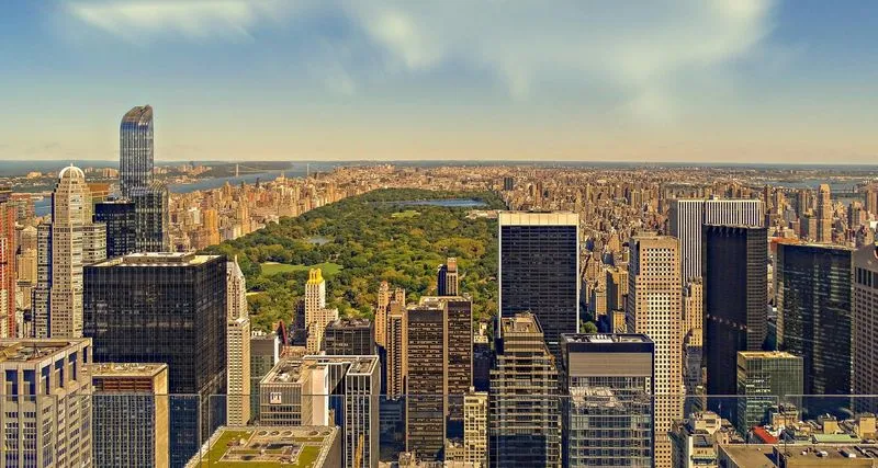 Aerial view of Central Park surrounded by skyscrapers