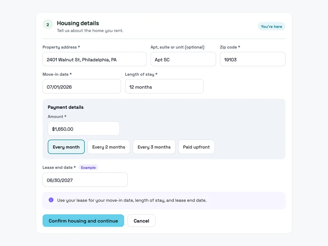 Rentaba app: renter housing details with address, rent amount and lease dates