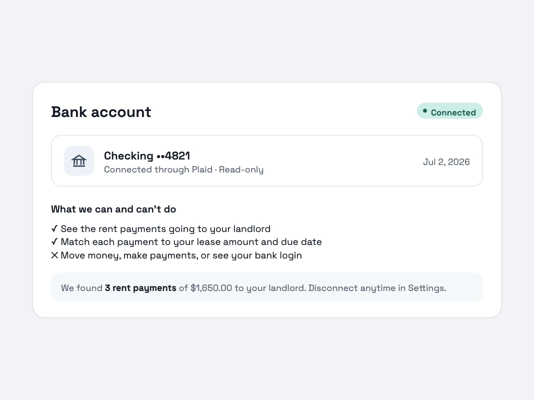 Rentaba app: checking account connected through Plaid, read-only