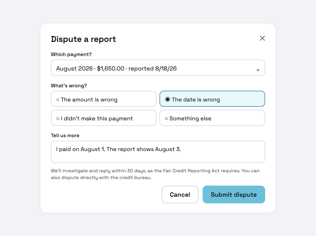 Rentaba app: dispute form for a reported payment