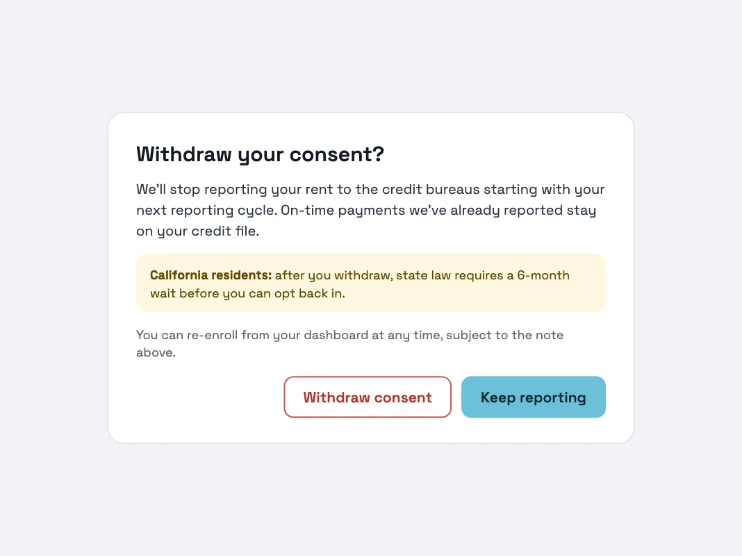 Rentaba app: withdraw consent confirmation with California notice