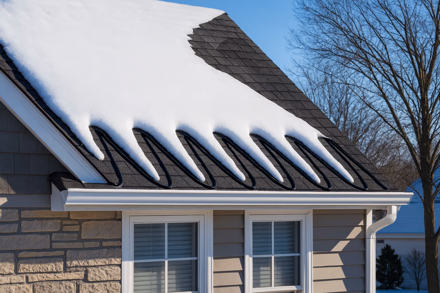 Snow partially melted on a roof with heat cables installed in loops under the snow to prevent ice damming.