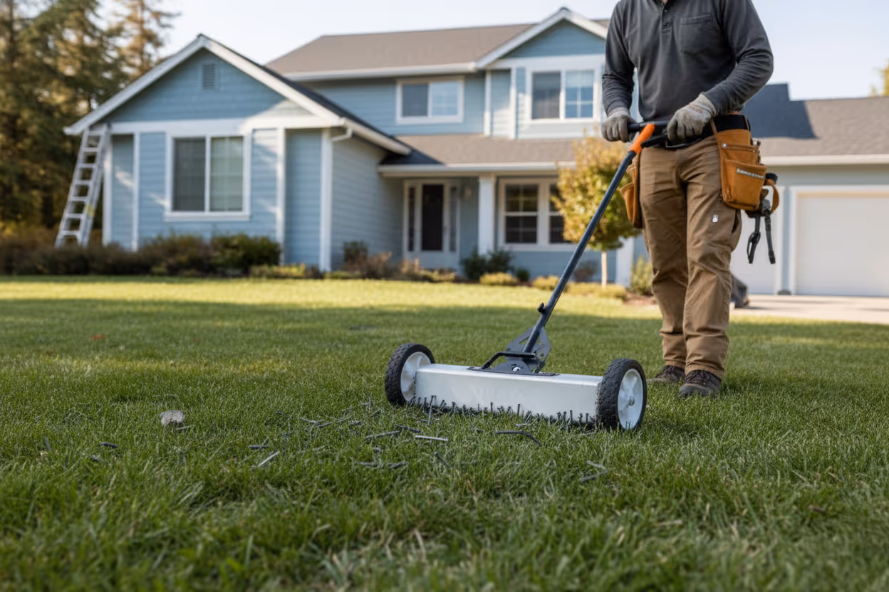 Person using a magnetic lawn sweeper to collect debris from green grass in front of a light blue house.