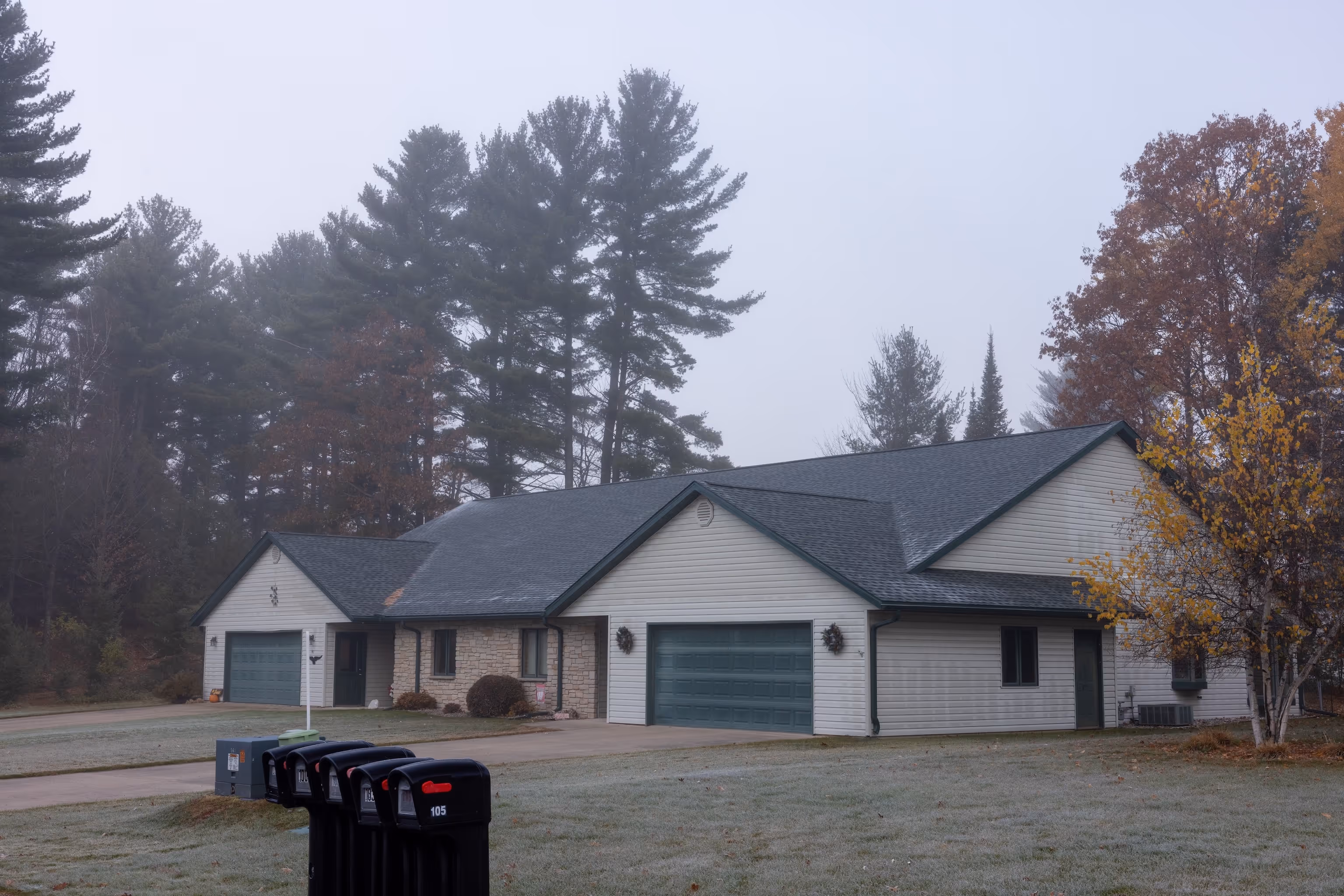 Two connected suburban houses with green garage doors, surrounded by tall pine trees and autumn foliage on a foggy day.