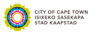 Colorful circular emblem next to text reading City of Cape Town in multiple languages.