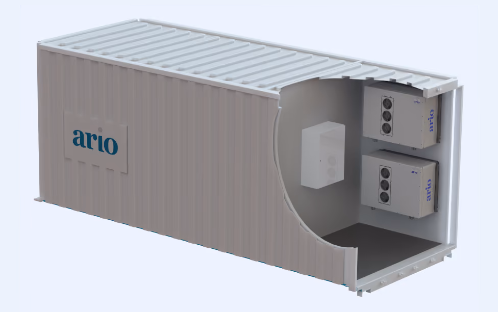 Gray rectangular container labeled 'ario' with cutaway showing two wall-mounted units inside.