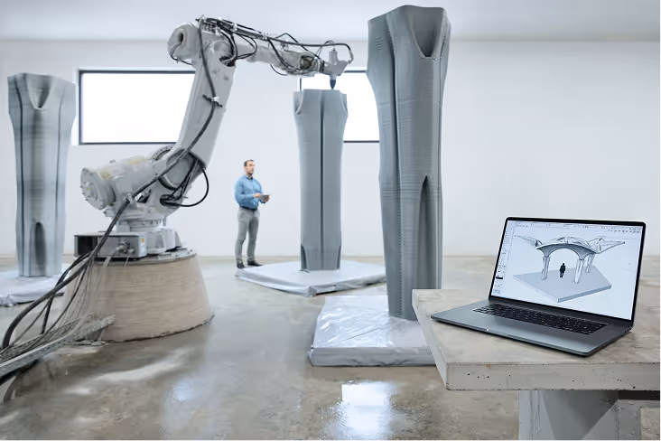 Industrial robotic arm 3D printing tall architectural structures in a workshop with a man observing in the background and a laptop displaying a 3D model on a nearby table.