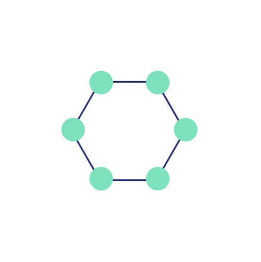 Hexagon shape with six green circles at each vertex connected by blue lines on a white background.