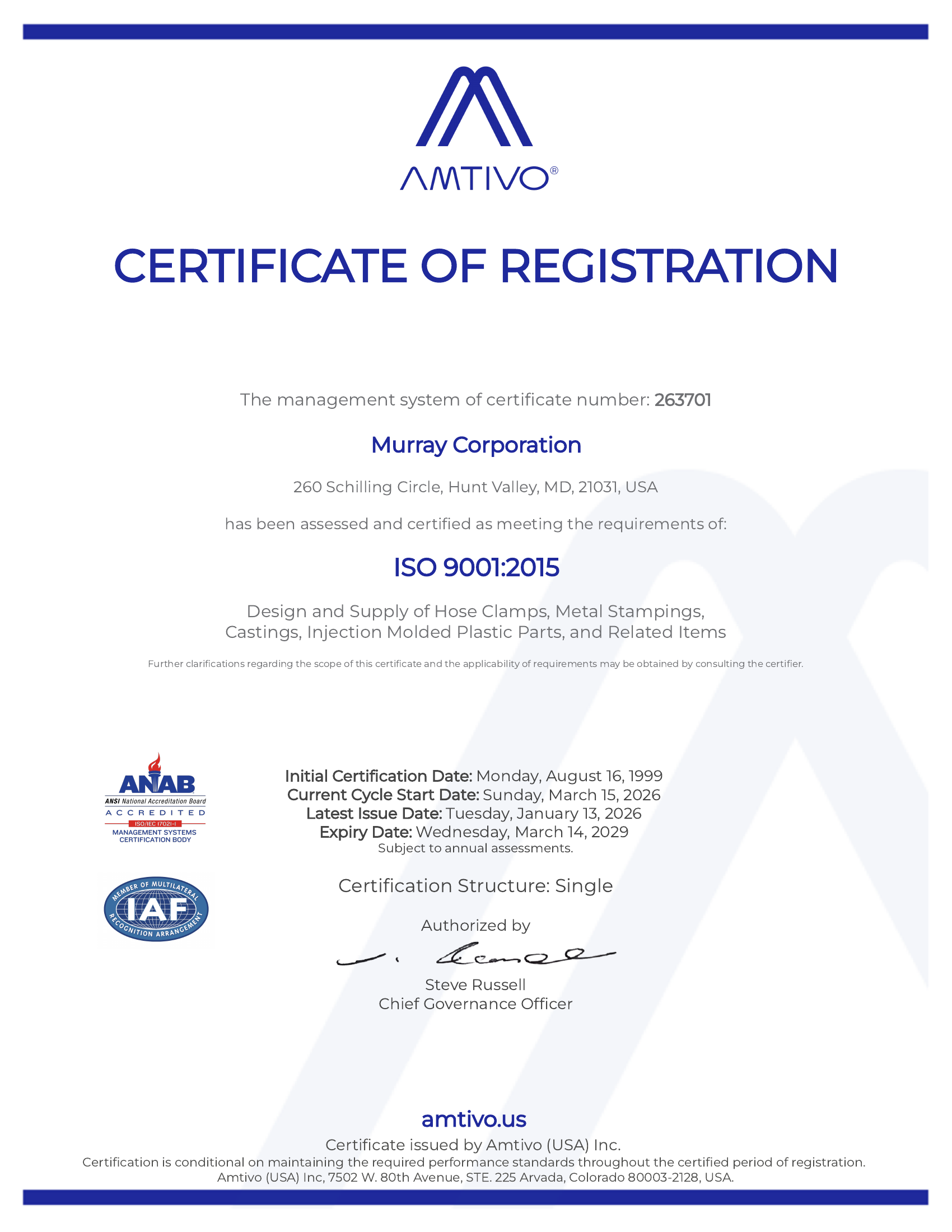 Murray Corporation ISO 9001:2015 Certificate