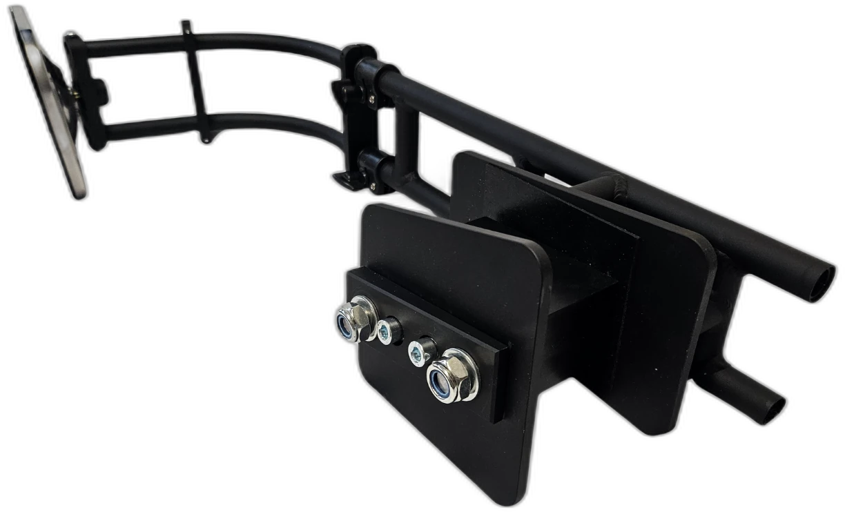Detail of the Murray Corporation Kenworth mirror assembly precision clamping mechanism, with bolted mounting bracket and steel hardware.