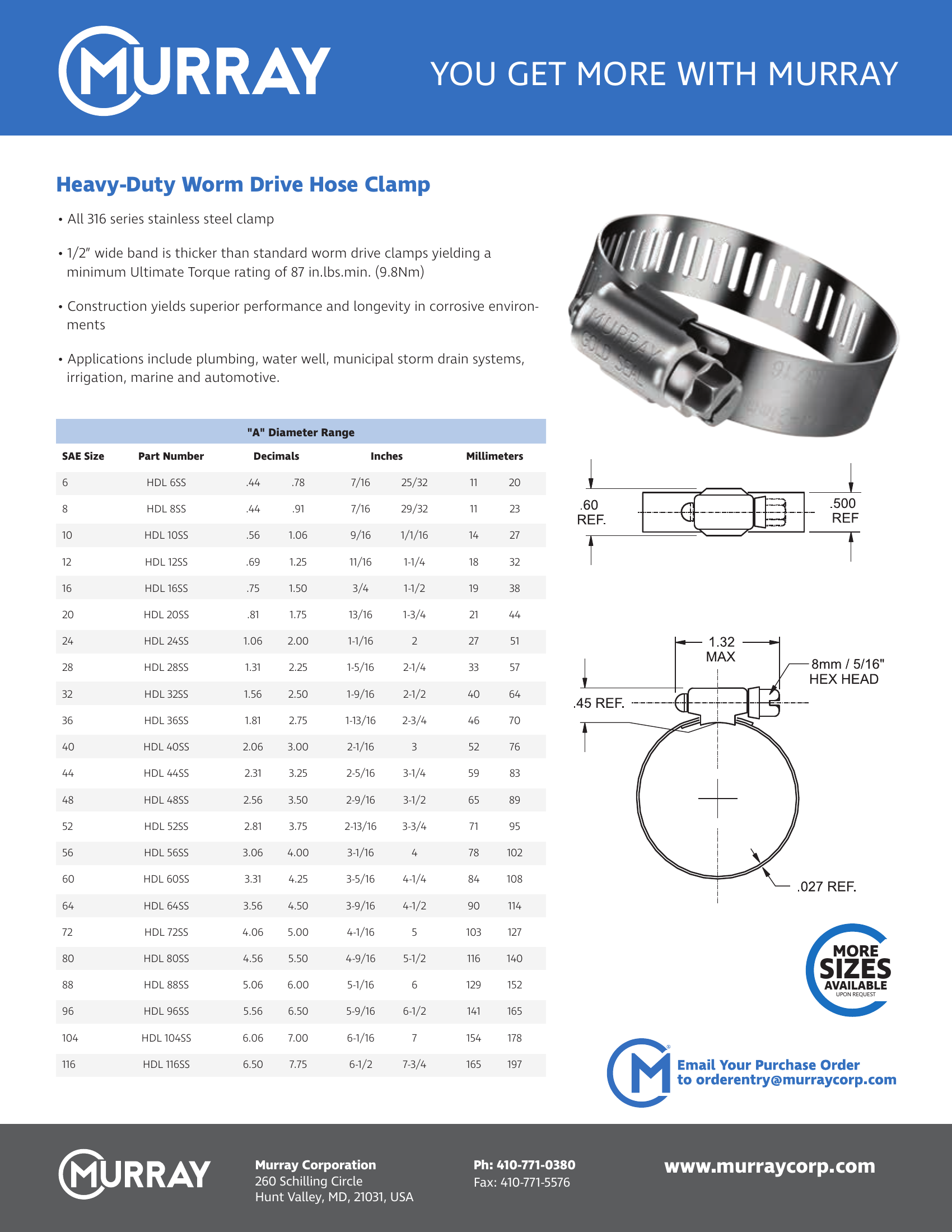 Heavy-Duty Worm Drive Hose Clamp specification sheet with HDL part numbers, diameter ranges in inches and millimetres, and dimensional drawings.