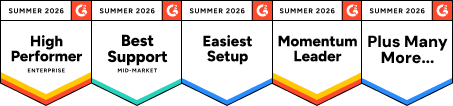 Four award banners labeled Fall 2025: High Performer with an orange border, Best Support with a teal border, Easiest To Do Business With with a teal border, and Users Love Us with three red stars and a white border.
