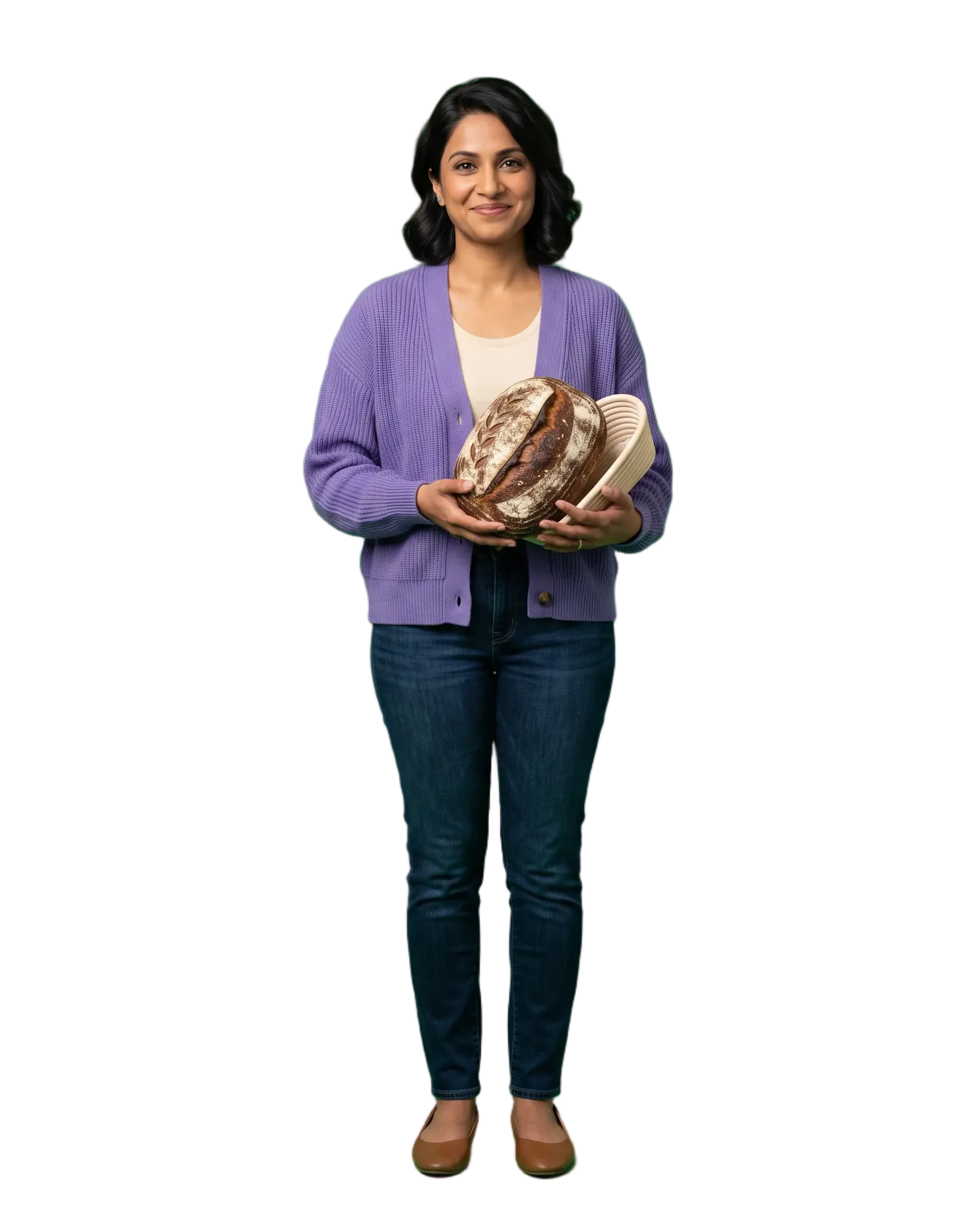 The same person holding a finished sourdough loaf and proofing basket