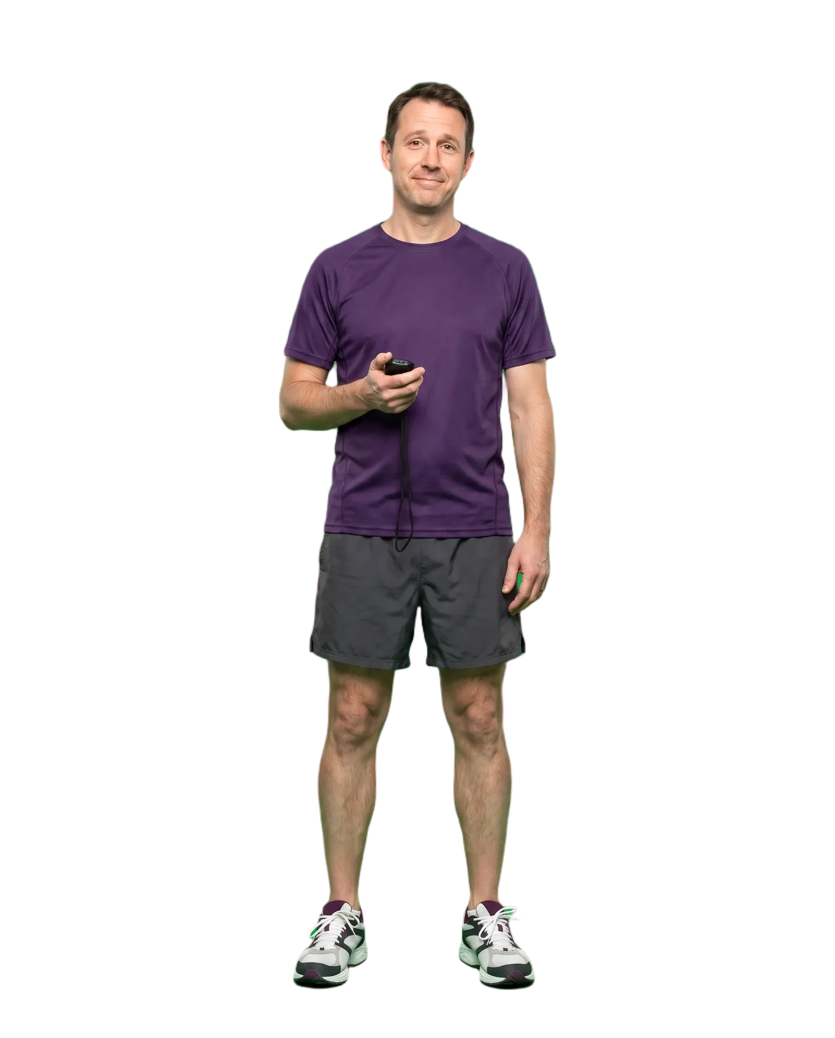 The same person in running gear holding a stopwatch