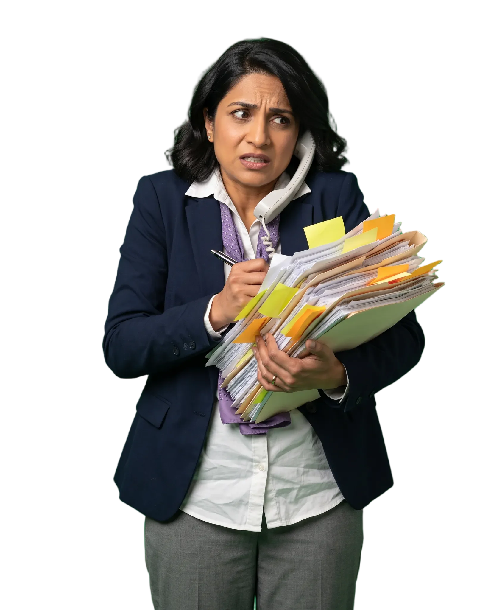 A GRC lead on the phone holding an overflowing stack of vendor files