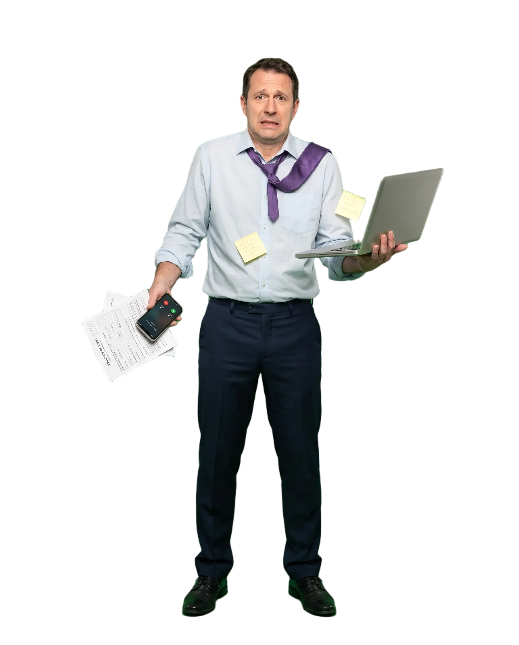 A compliance manager juggling a laptop, phone and paperwork