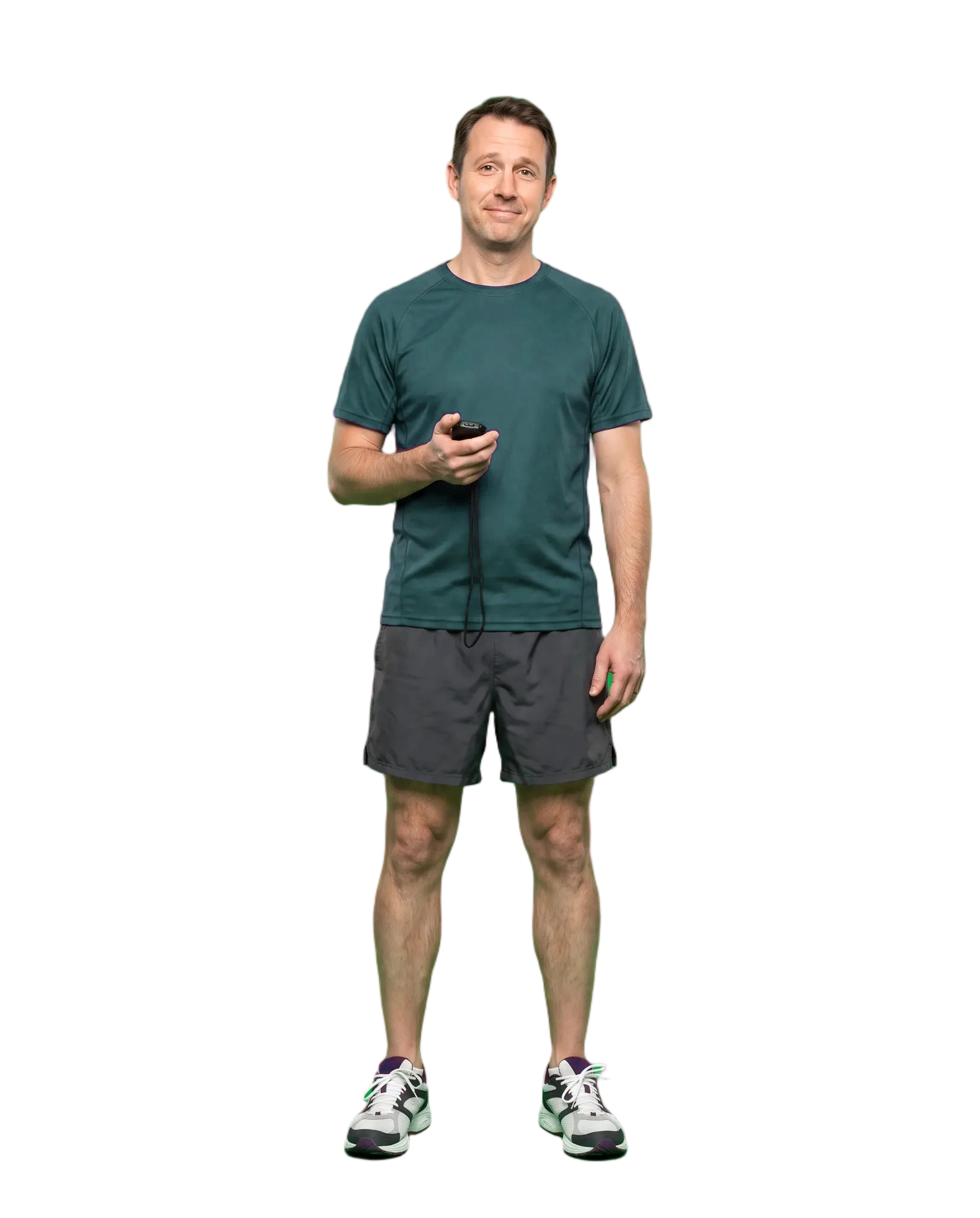 The same person in running gear holding a stopwatch