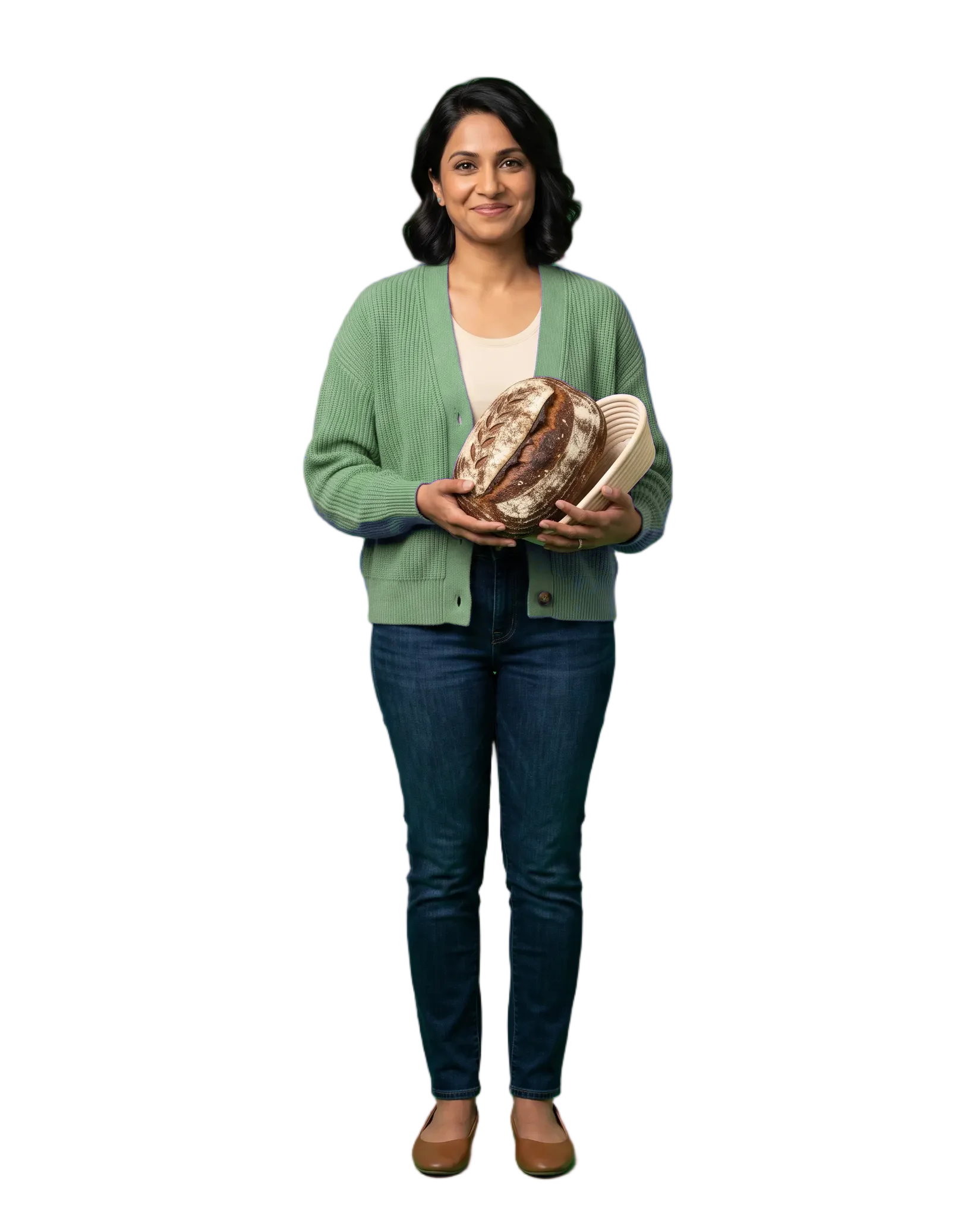 The same person holding a finished sourdough loaf and proofing basket