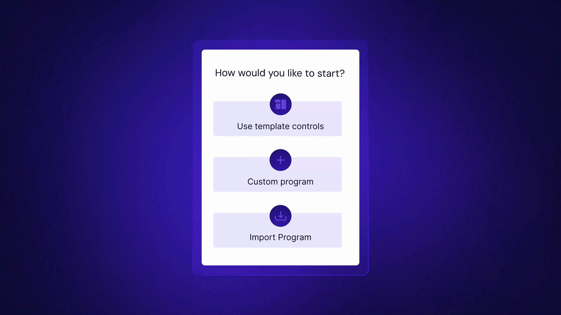 Complyance setup screen offering template controls, a custom program, or an imported program