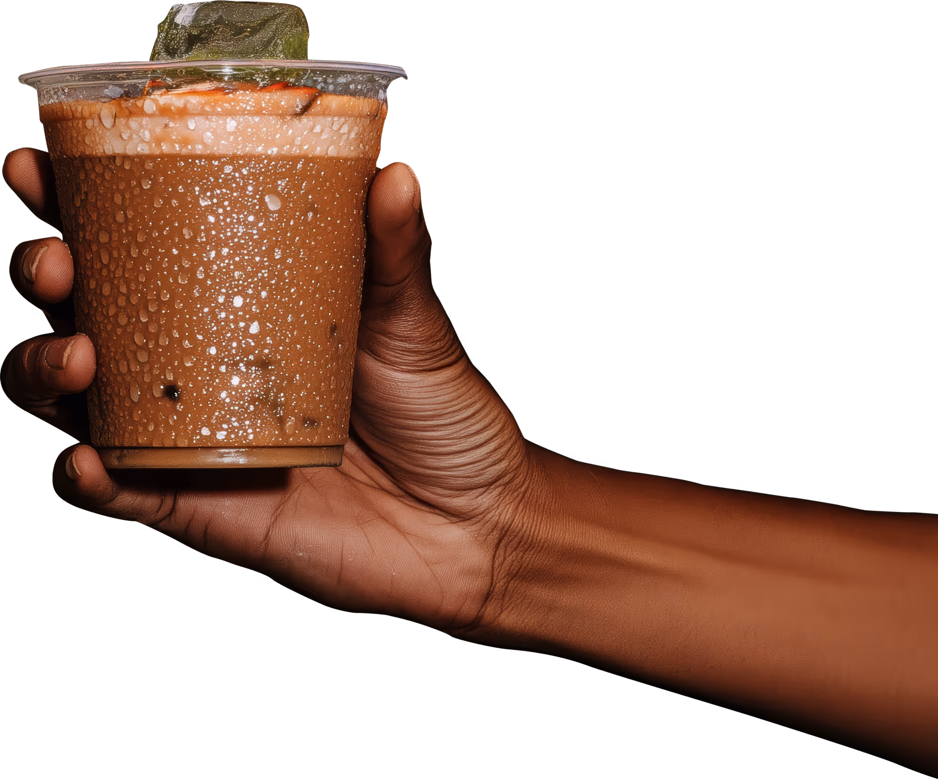 Hand is holding an iced coffee.