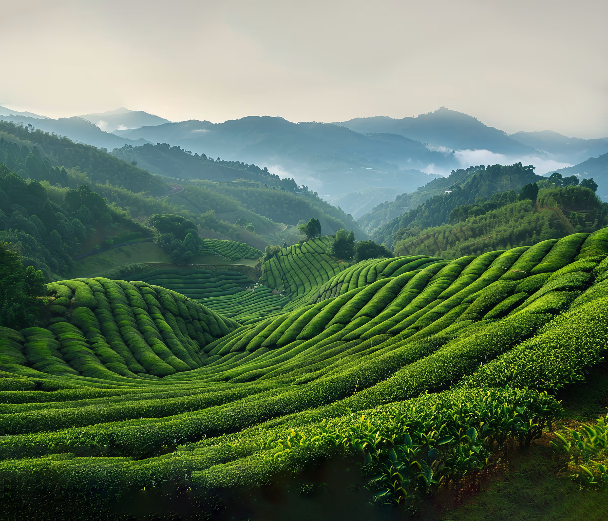 A scenery of a beautiful landscape of green tea fields with mountains in the background.