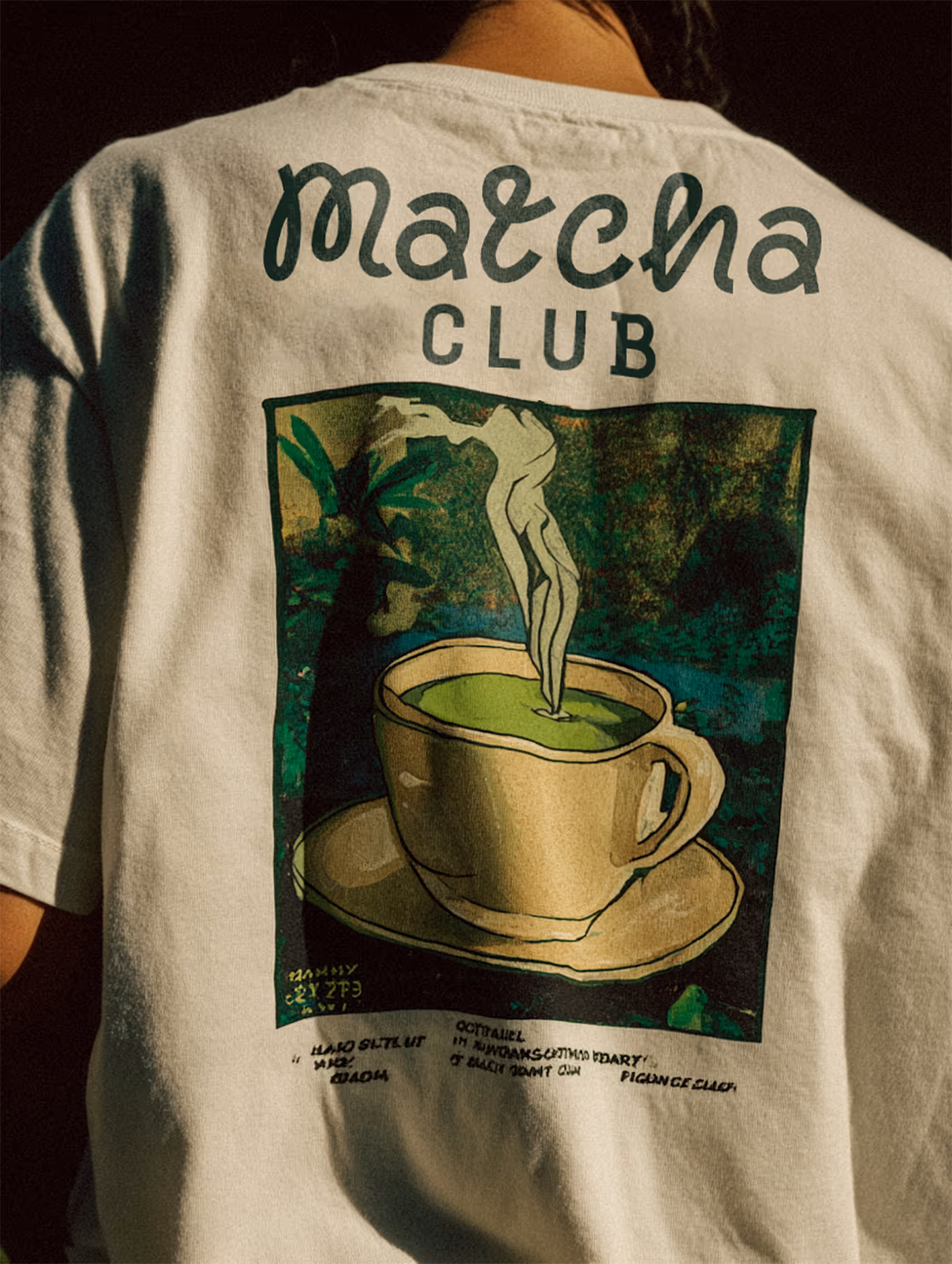 Mockup of a Matcha Club T-shirt.