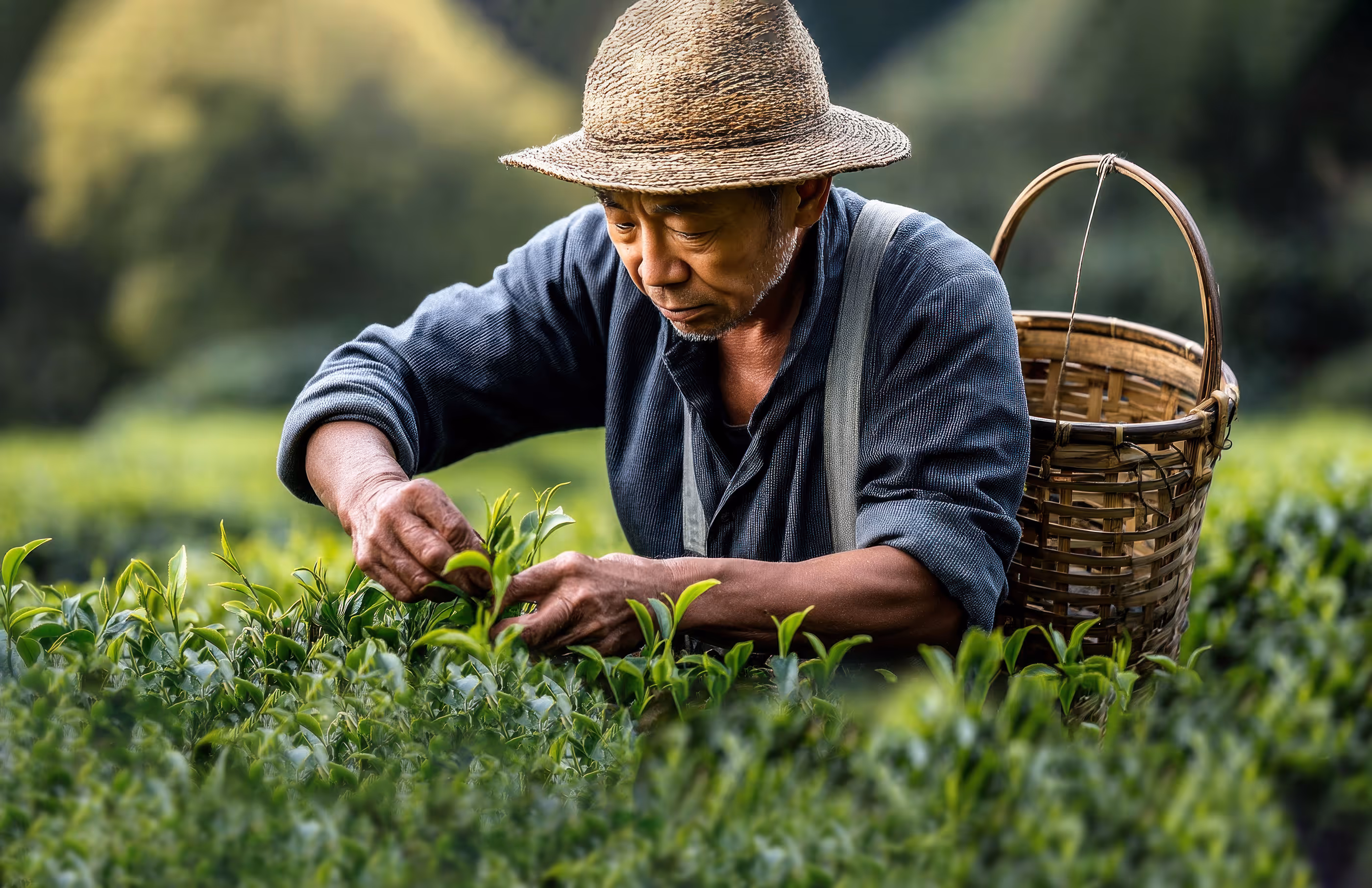 Asian tea farmer harvesting leaves into a basket.