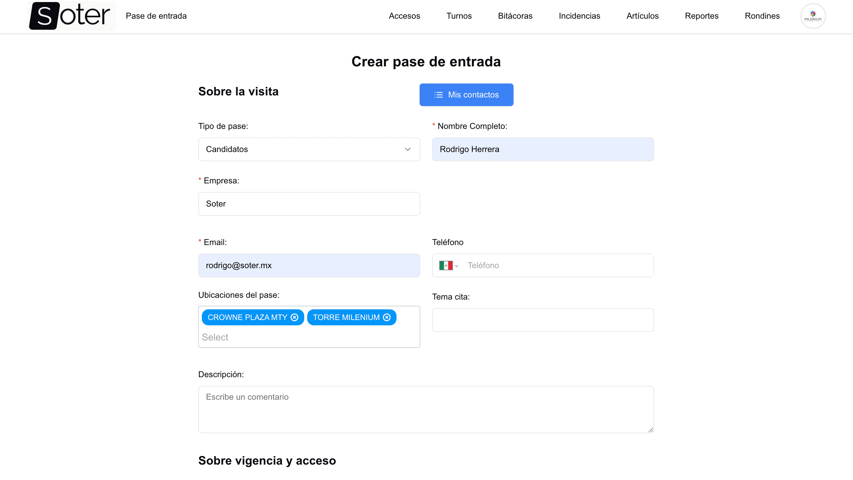 pase de acceso en control de visitas