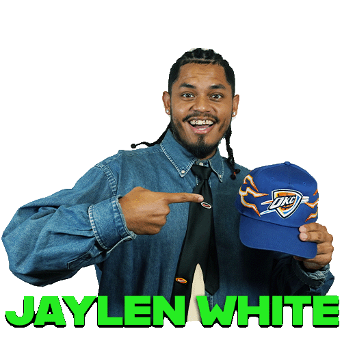 Jaylen White points at his custom OKC Thunder hat for his Rack Report thumbnail image