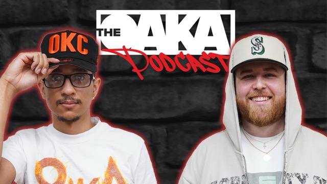 A graphic including a cutout of DeShawn Becton on the left holding his OKC hat while wearing glasses and Reed Newport on the right smiling with his hood on.