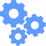 Three interlocking blue gears of different sizes symbolizing innovation or machinery.