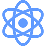Blue atom icon with a central nucleus and elliptical orbital paths.