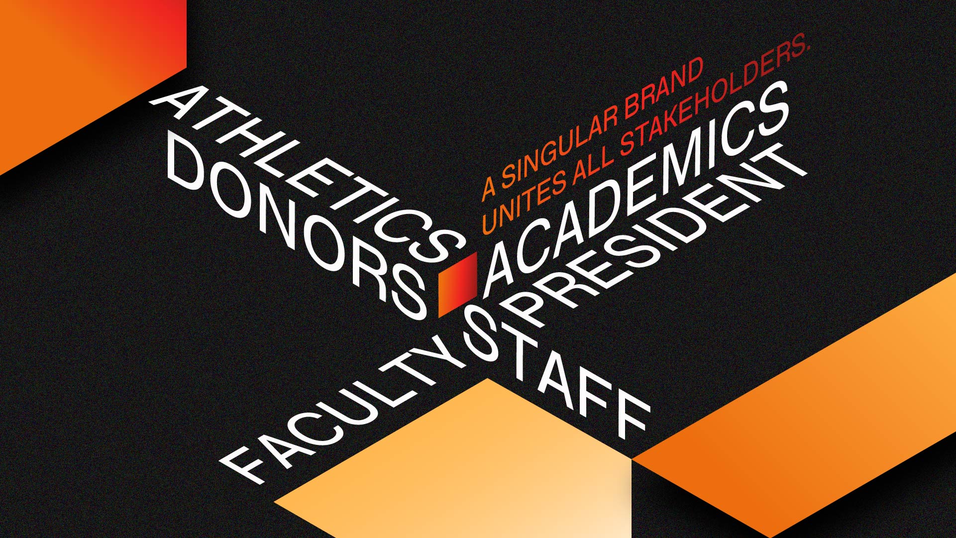Athletics, Donors, Academics, President, Staff, Faculty words intersecting at different angles. 